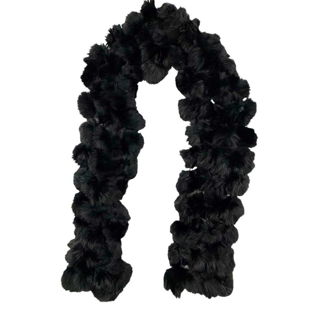 100% Genuine Rabbit Fur Black Balls 3 Rows Pompons Scarf 49 x 5